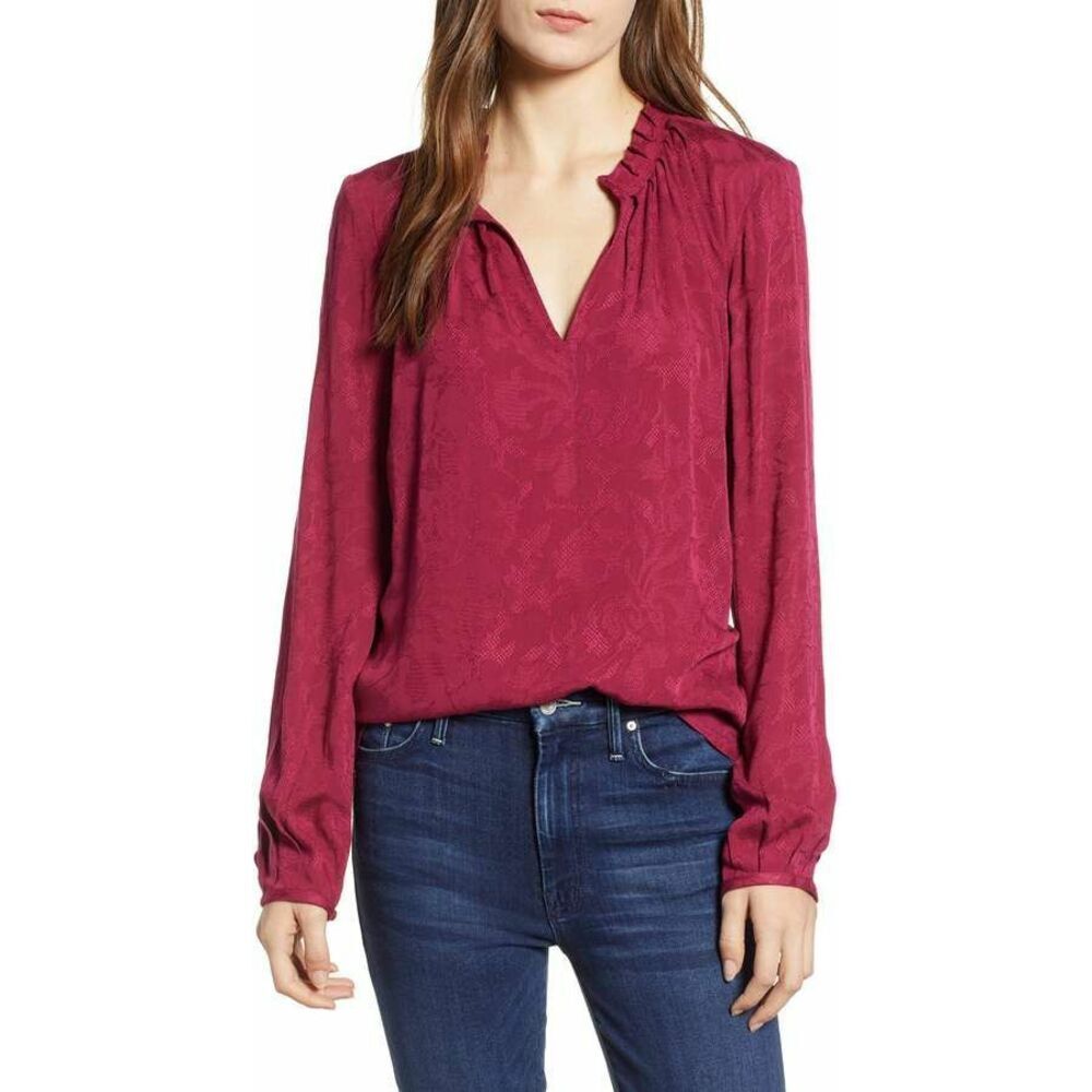Hinge Floral Jacquard Long Sleeve Blouse Burgundy Size M $109